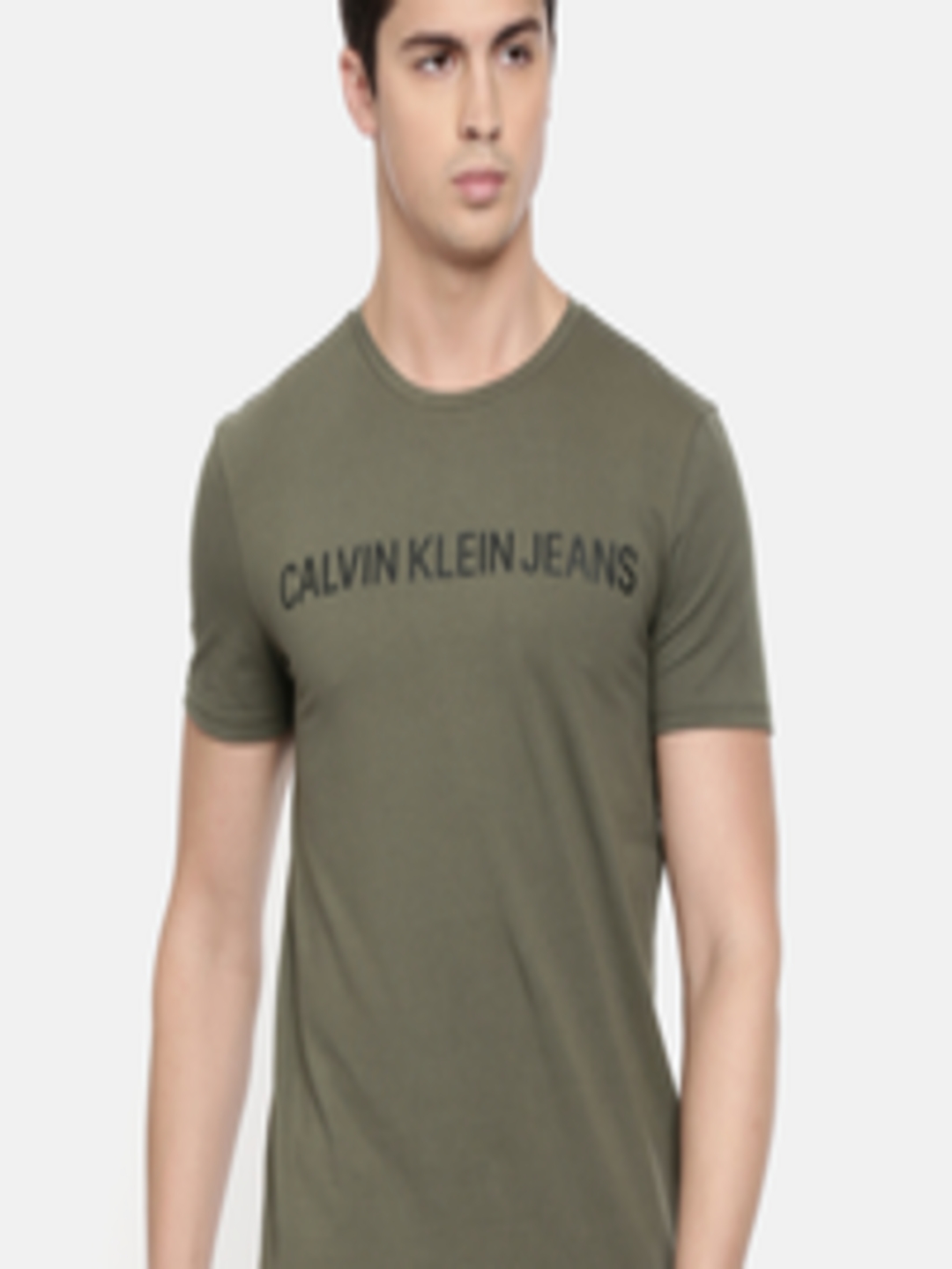 Buy Calvin Klein Jeans Men Olive Green Printed Slim Fit Round Neck T ...