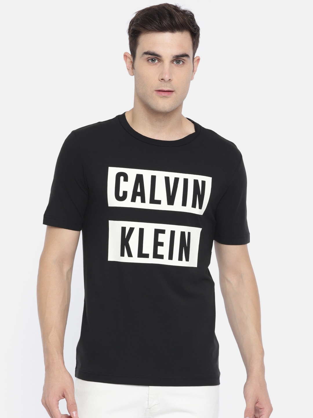 Buy Calvin Klein Jeans Men Black & White Printed Performance Fit Round ...