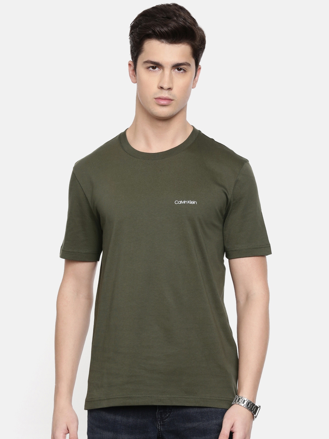Buy Calvin Klein Jeans Men Olive Green Solid Round Neck Pure Cotton T ...