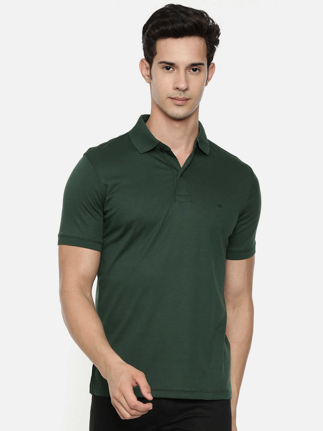 Buy Calvin Klein Jeans Men Green Solid Polo Collar Pure Cotton T Shirt