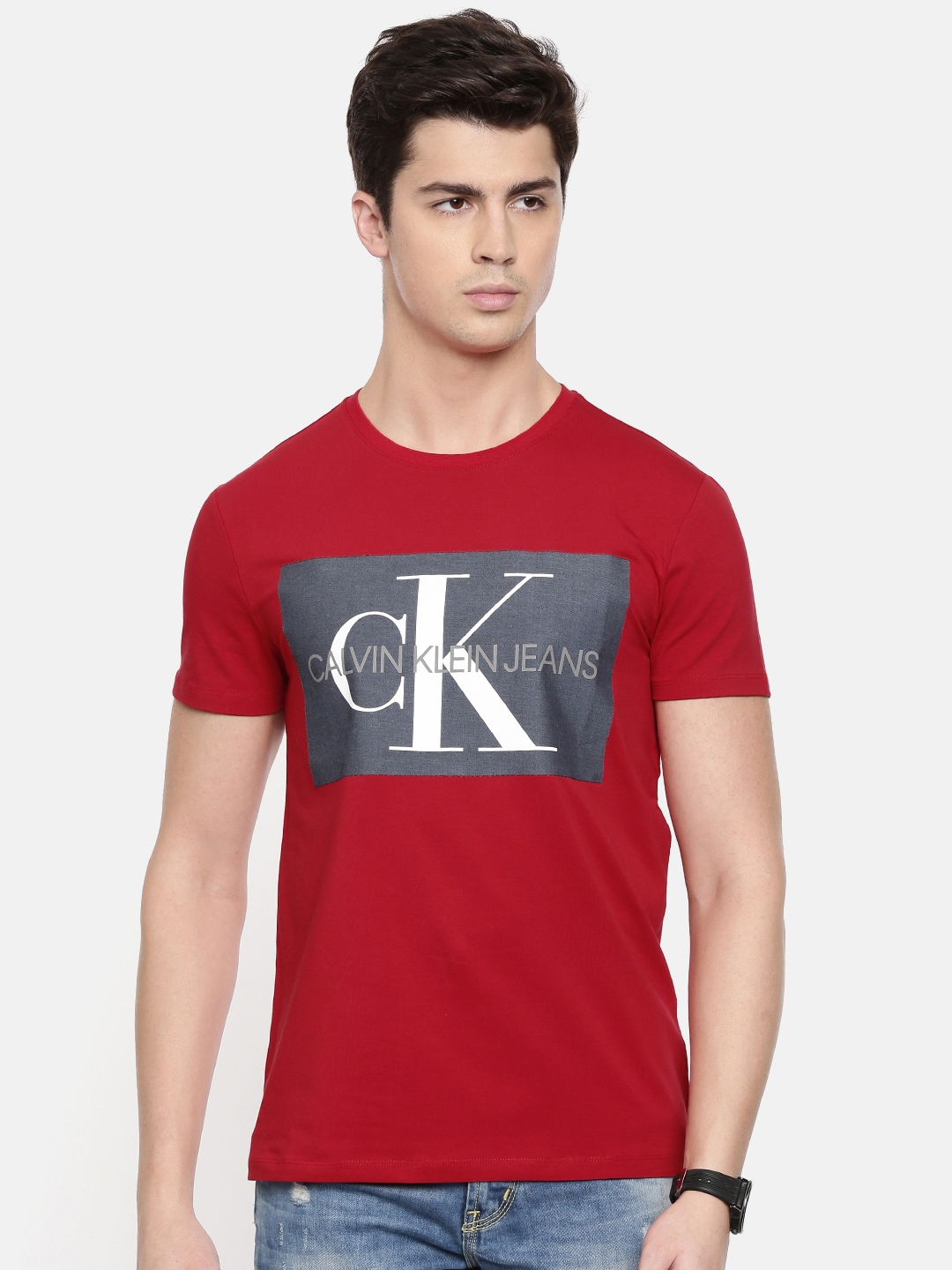 Buy Calvin Klein Jeans Men Red Printed Round Neck T Shirt - Tshirts for ...