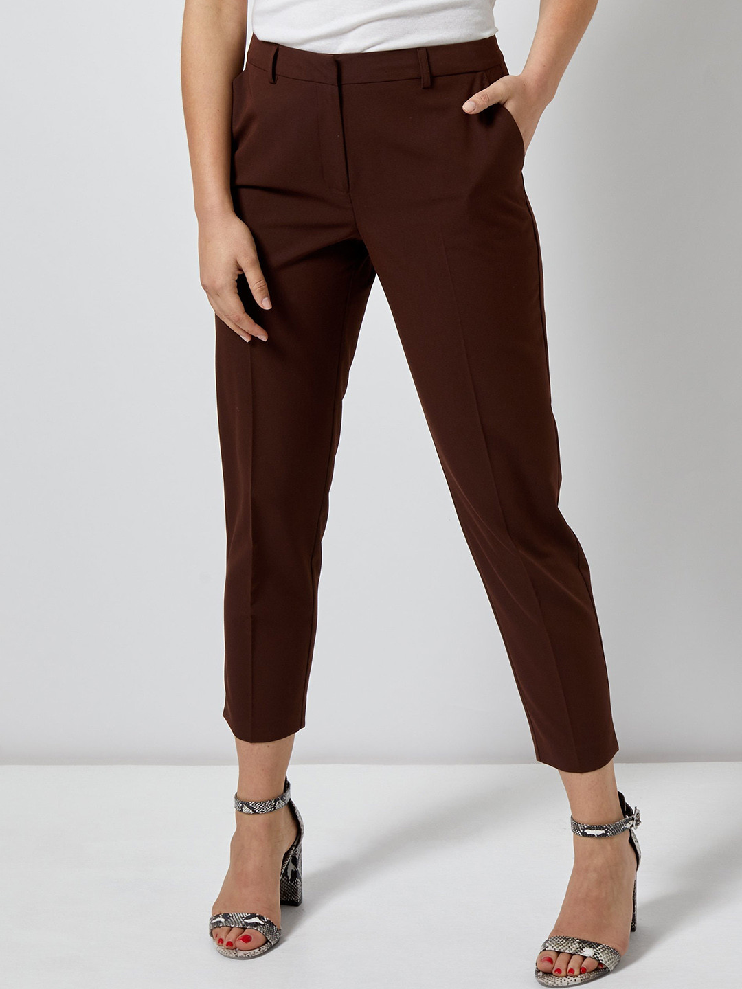 Buy DOROTHY PERKINS Women Coffee Brown Solid Regular Fit Cropped Trousers - Trousers for Women 