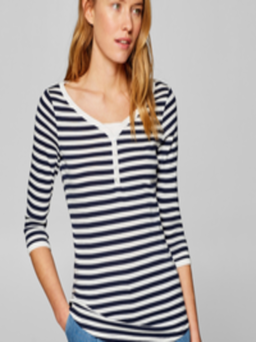 Buy ESPRIT Women White & Navy Blue Striped Pure Cotton Top - Tops for ...