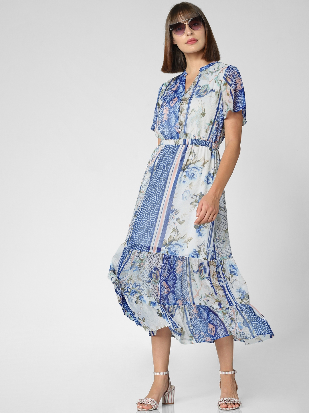 Buy Vero Moda Women Blue & White Printed A Line Dress - Dresses for ...