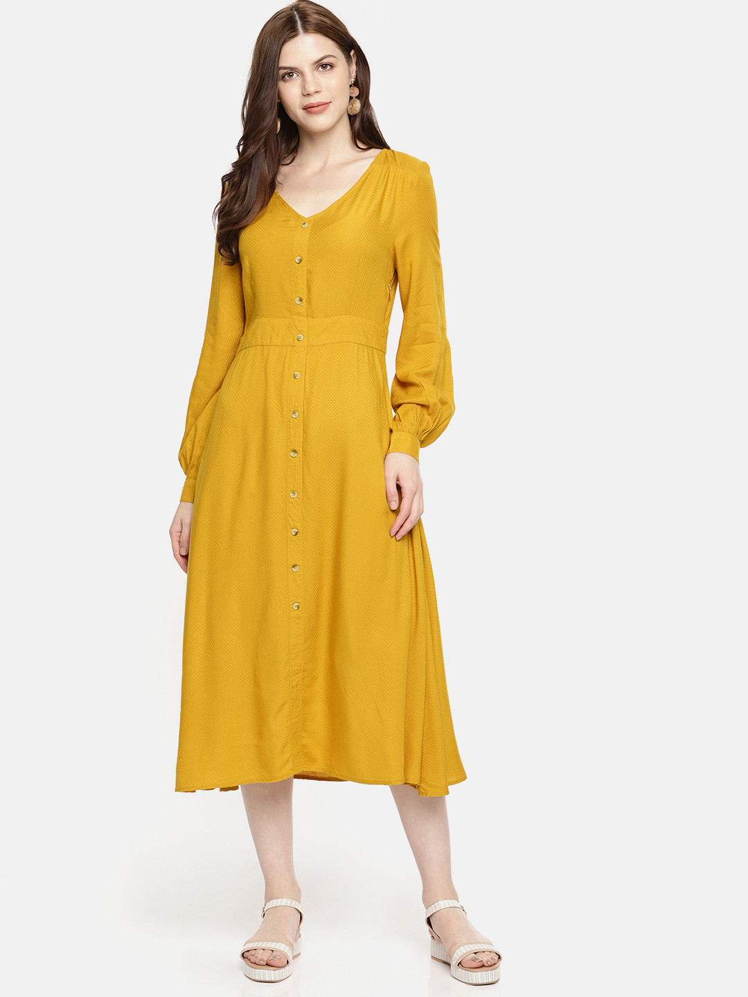 Buy Vero Moda Women Mustard Yellow Self Design A Line Dress Dresses