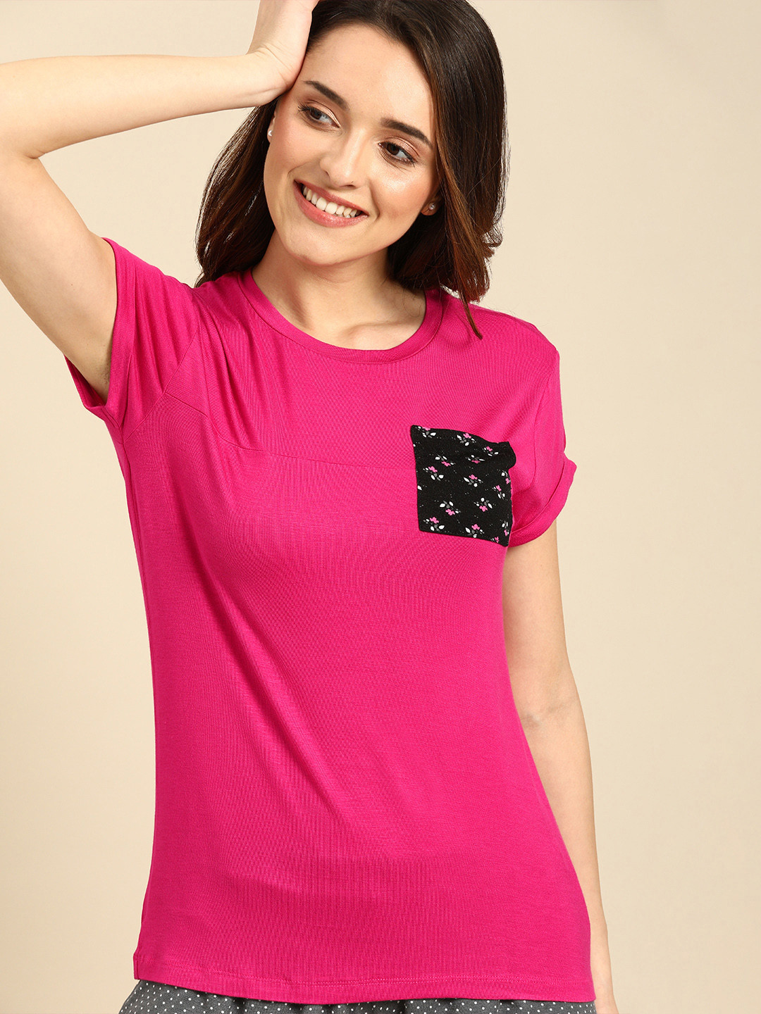 Buy DressBerry Women Fuchsia Solid Round Neck Lounge T Shirt - Lounge Tshirts for Women 10278239 
