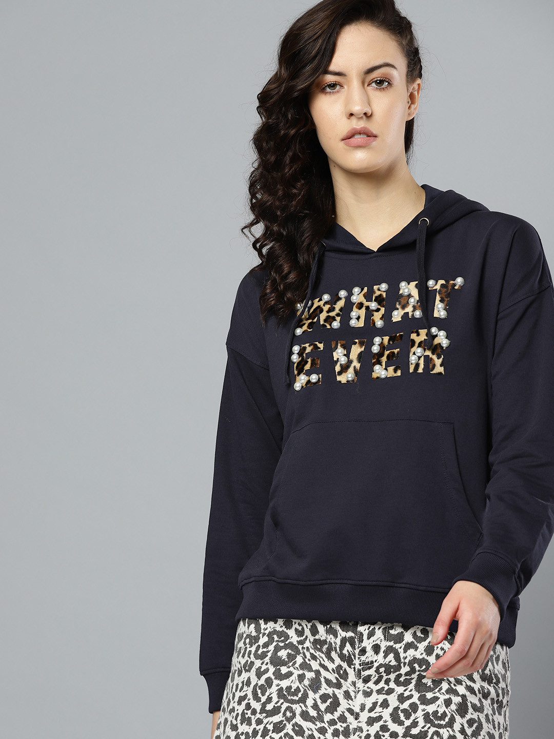Buy Kook N Keech Women Navy Blue & Beige Applique Hooded Sweatshirt - Sweatshirts for Women 