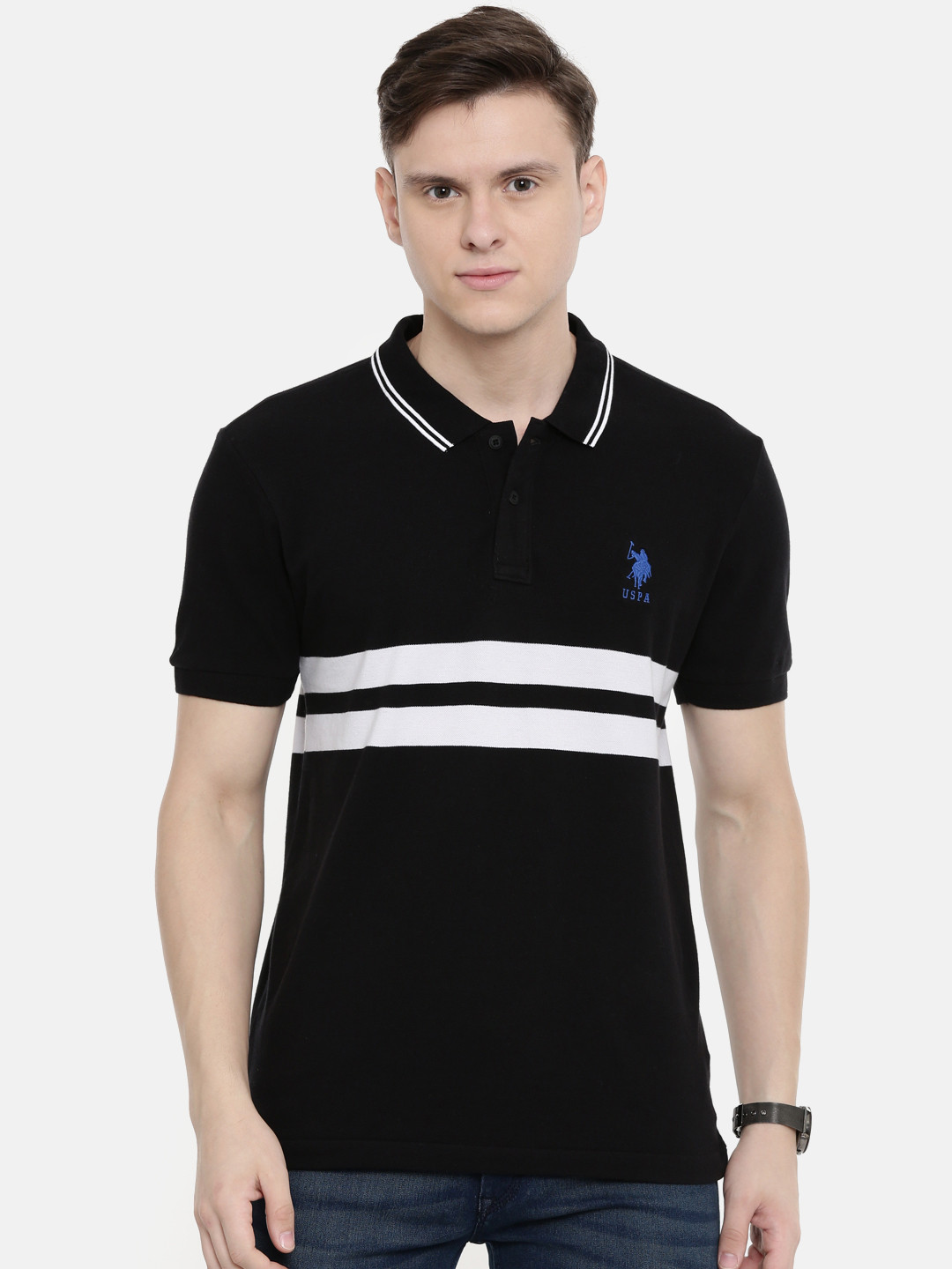 Buy U.S. Polo Assn. Men Black & White Striped Polo Collar T Shirt