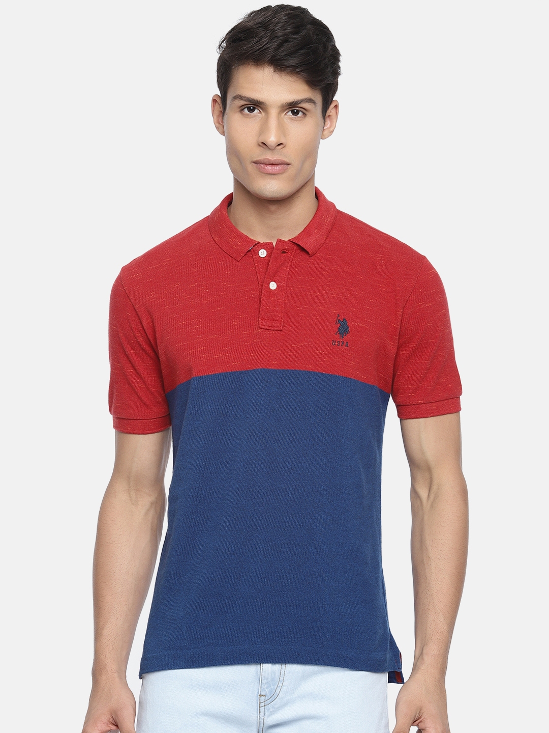 Buy U.S. Polo Assn. Men Red & Blue Colourblocked Polo Collar T Shirt ...