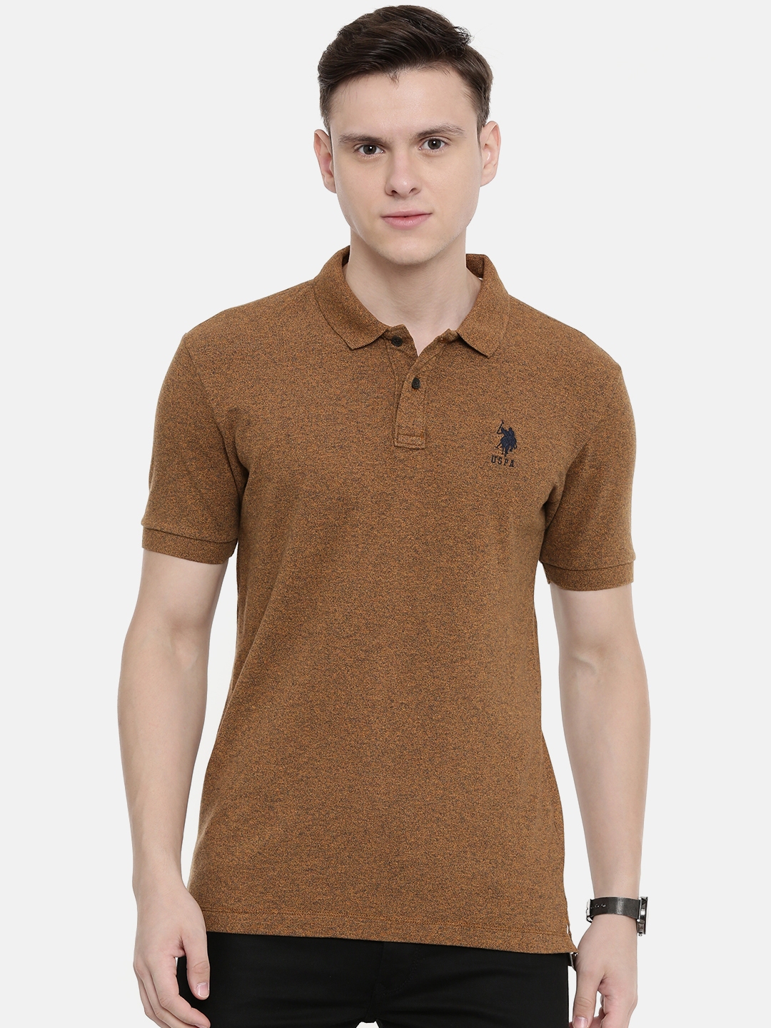 Buy U.S. Polo Assn. Men Brown Solid Polo Collar Pure Cotton T Shirt ...