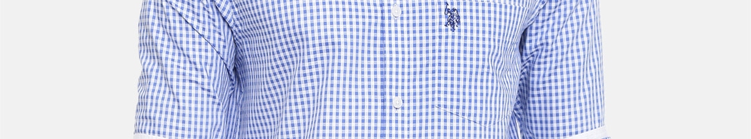 Buy U.S. Polo Assn. Tailored Men White & Blue Tailored Fit Checked ...