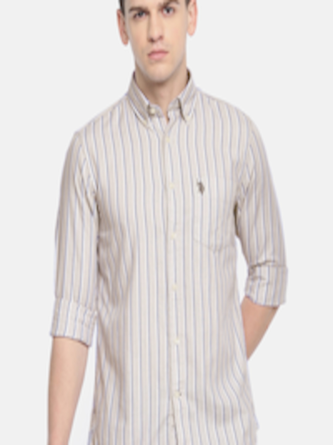 Buy U.S. Polo Assn. Men Beige & White Tailored Fit Striped Casual Shirt ...