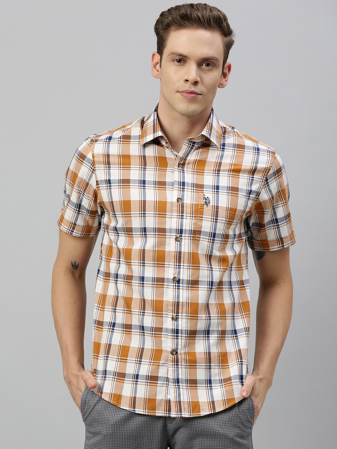 Buy U.S. Polo Assn. Men Brown & White Tailored Fit Checked Casual Shirt ...