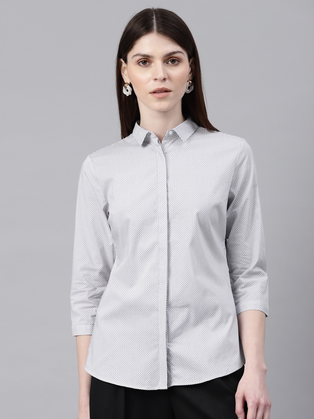 Buy Van Heusen Women White & Black Regular Fit Printed Formal Shirt ...
