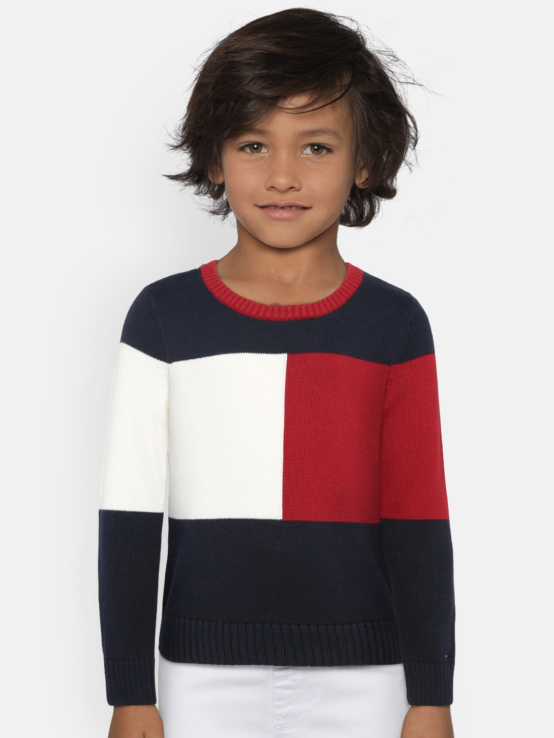 Buy Tommy Hilfiger Boys Blue & Red Colourblocked Sweater Sweaters for