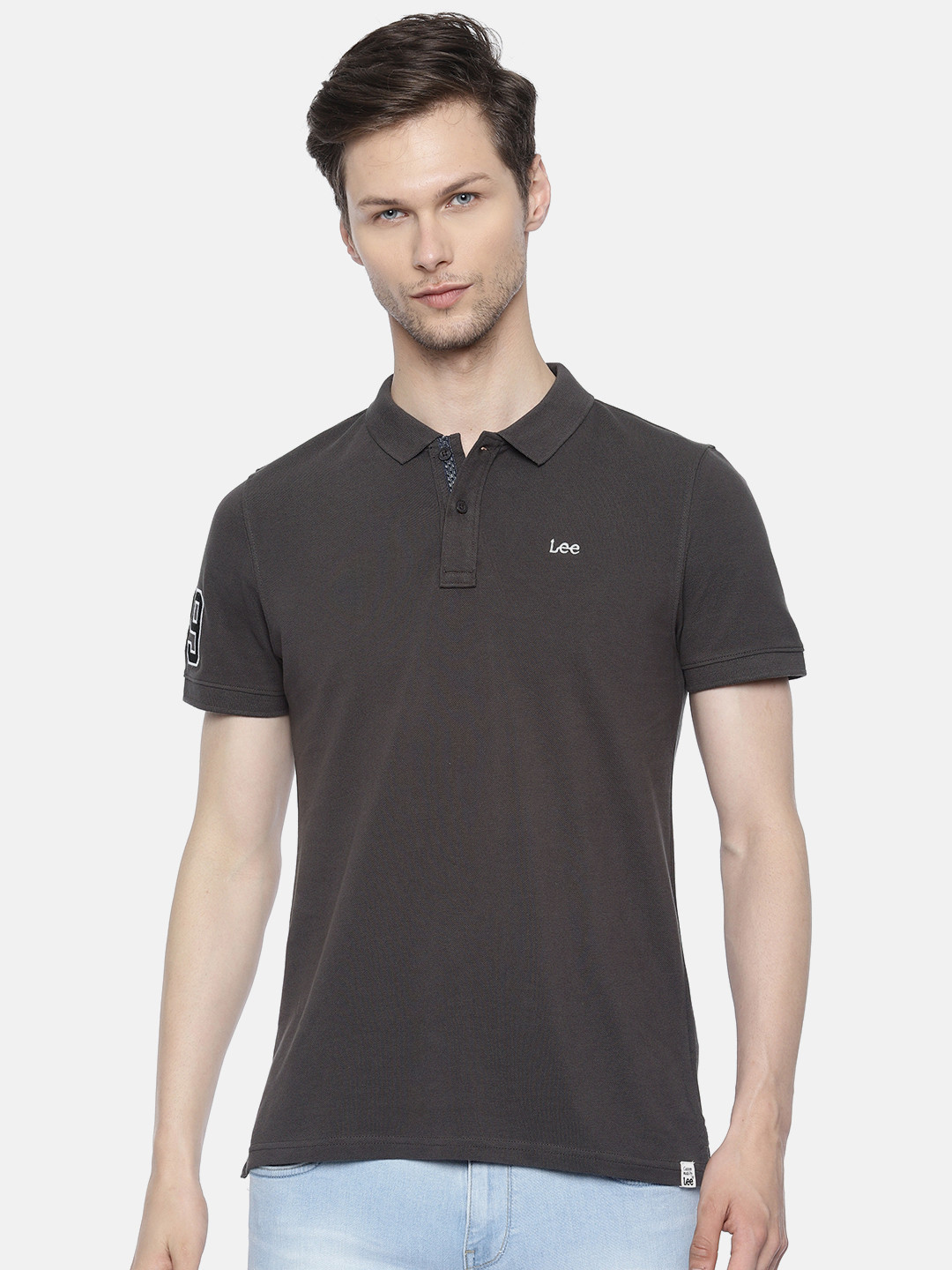 Buy Lee Men Charcoal Grey Solid Polo Collar Pure Cotton T Shirt