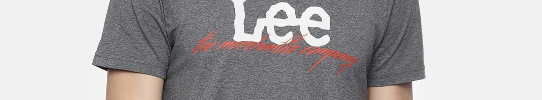 Buy Lee Men Grey Printed Slim Fit Round Neck Pure Cotton T Shirt ...