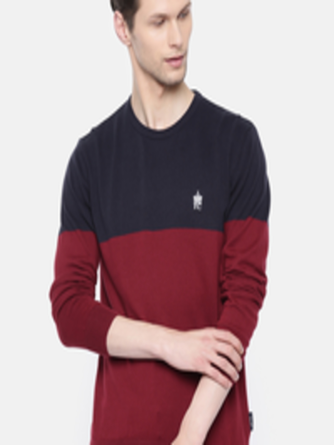 Buy French Connection Men Maroon & Navy Blue Colourblocked Sweater ...