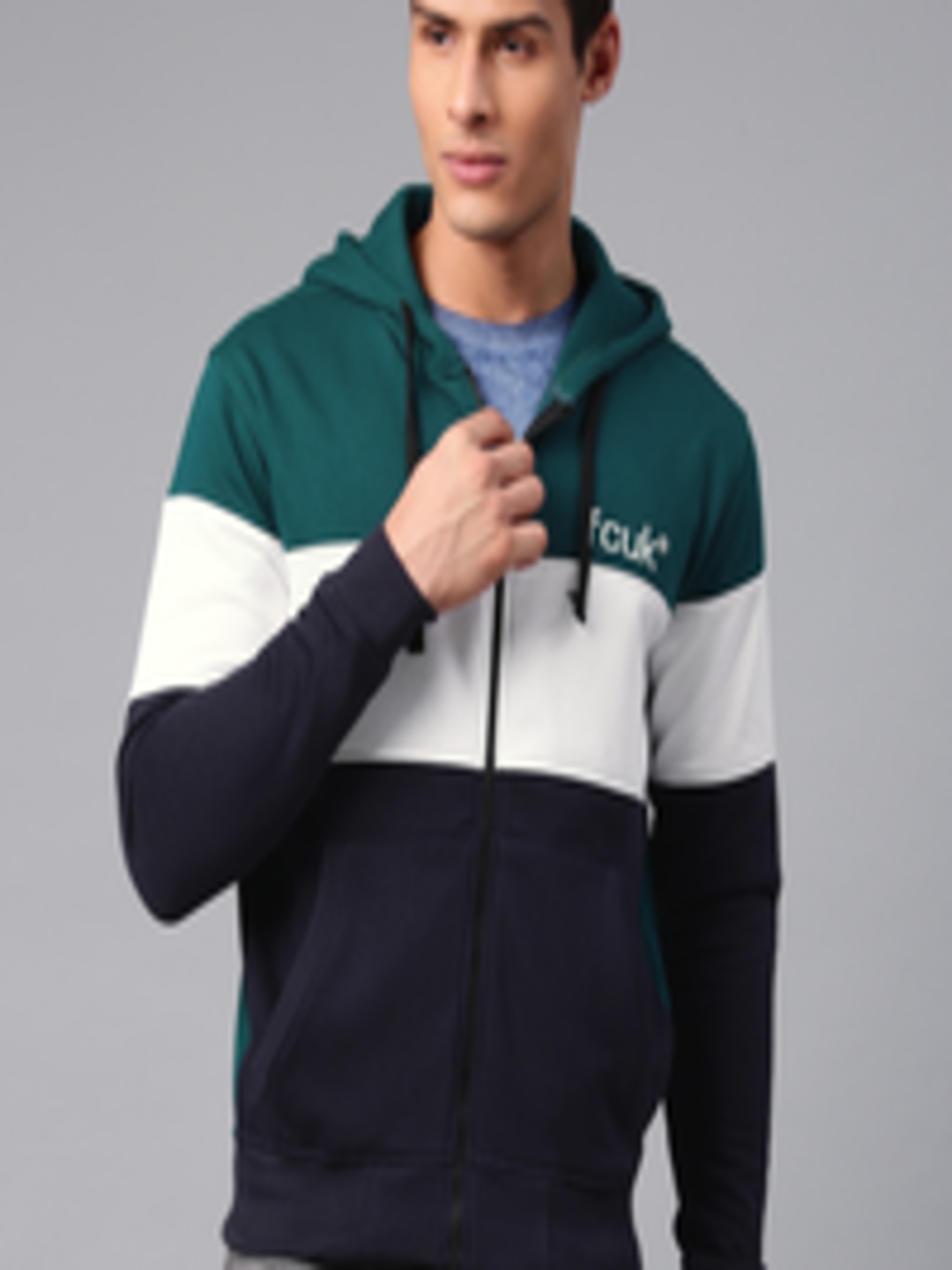 Buy French Connection Men Teal Blue & Navy Blue Colourblocked Hooded ...