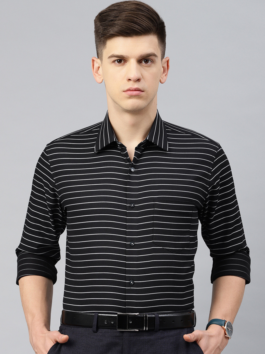 Buy Van Heusen Men Black & White Slim Fit Striped Formal ...