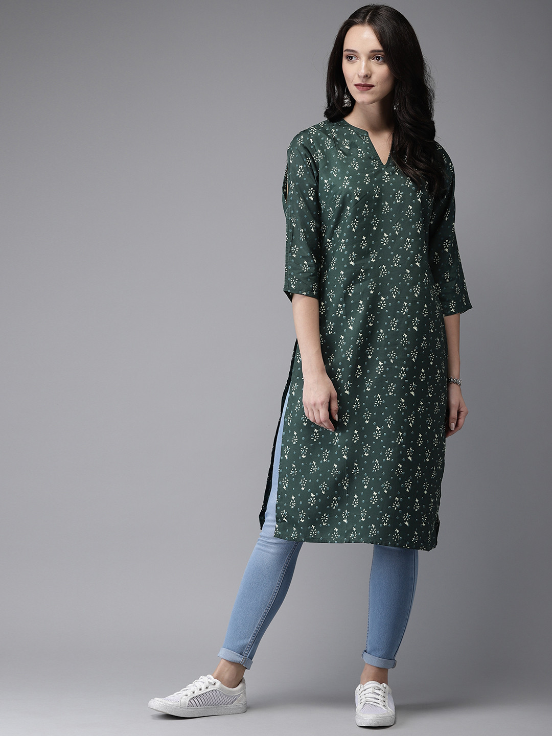 Buy Anouk Women Olive Green Printed A Line Kurta Kurtas for Women