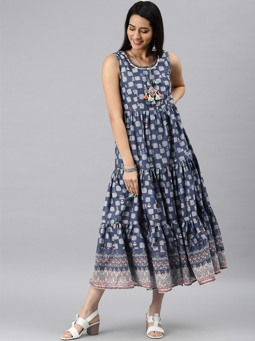 Buy Biba Women Navy Blue & White Printed Flared Tiered Dress Ethnic