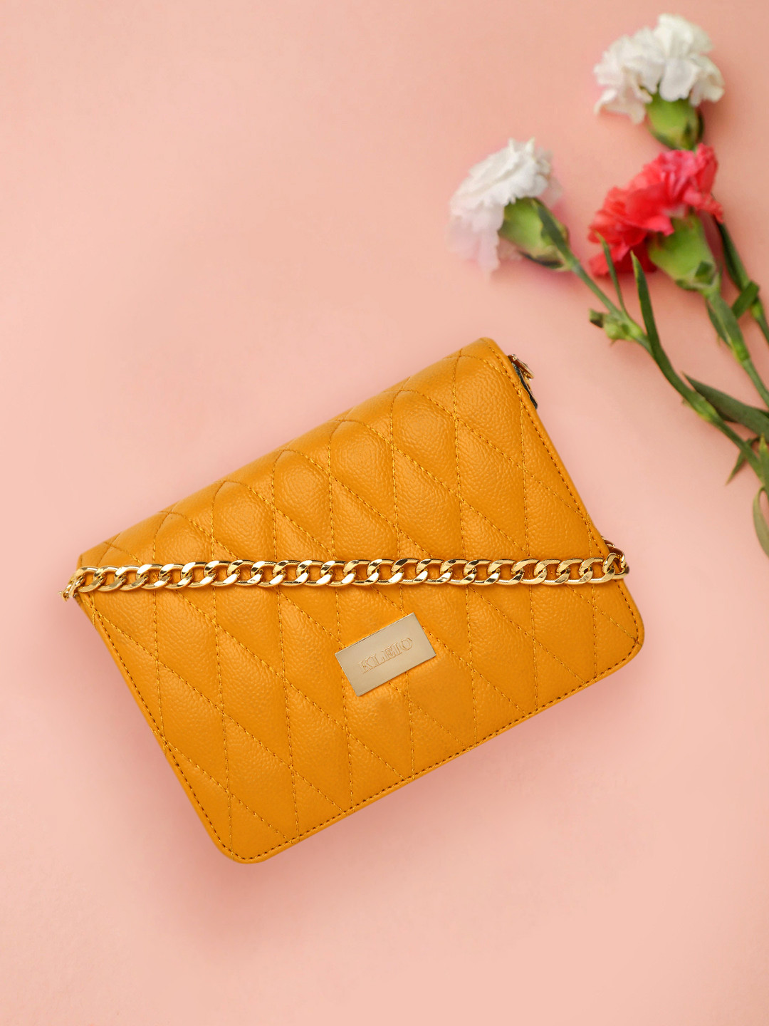 Buy KLEIO Women Mustard Yellow Quilted Structured Sling Party Bag Handbags for Women 10300333