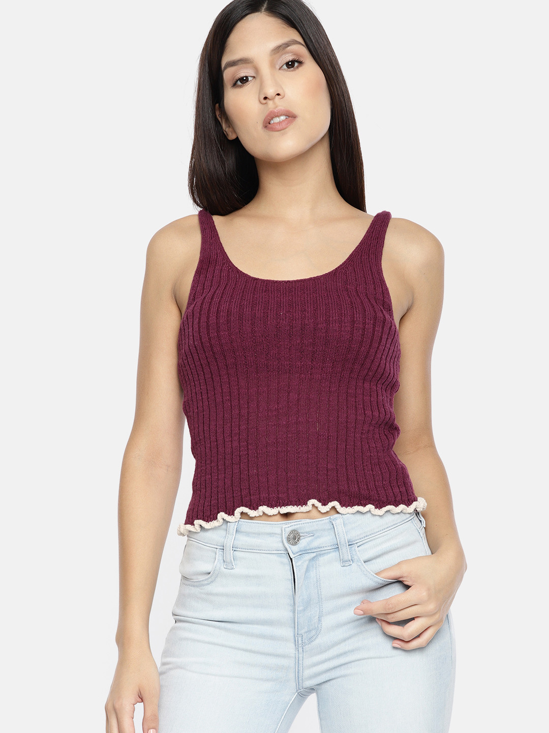 Buy AMERICAN EAGLE OUTFITTERS Women Burgundy Solid Knitted Sweater Crop