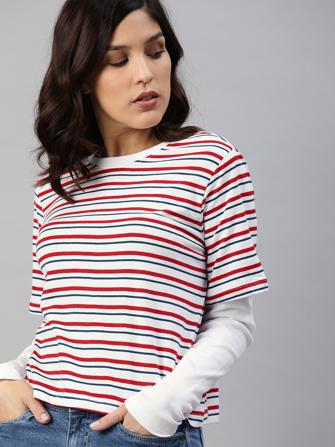 Red & White Striped Sleeveless Chest Pocket T-Shirt Top