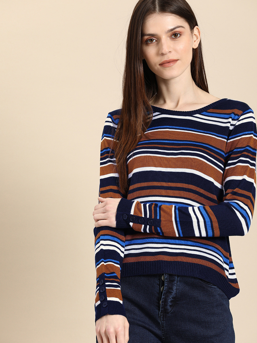 Buy Ms.Taken Women Navy Blue & Brown Striped Sweater - Sweaters for Women 10305267 | Myntra