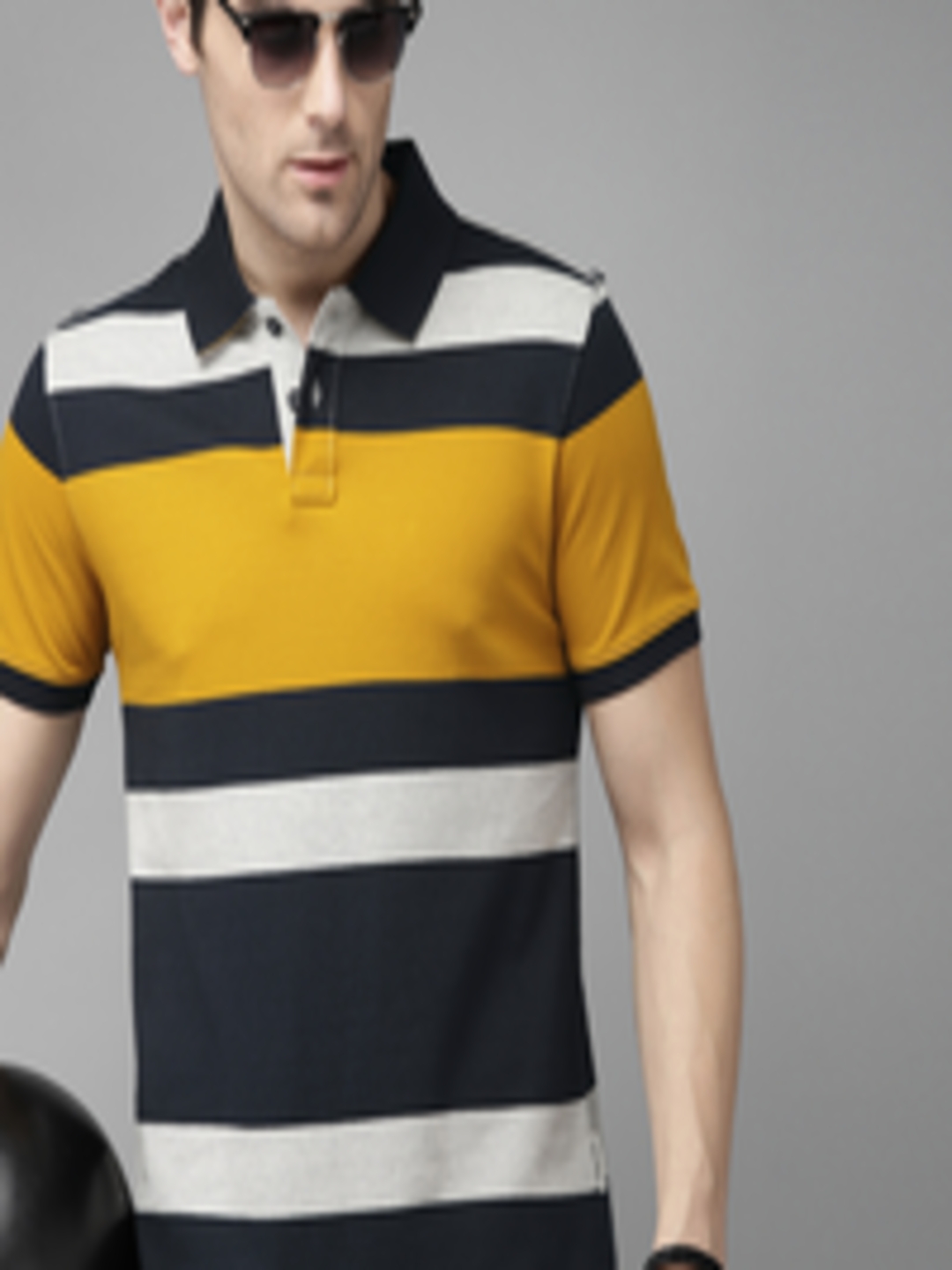Buy The Roadster Lifestyle Co Men Mustard Yellow Navy Blue Striped Polo ...