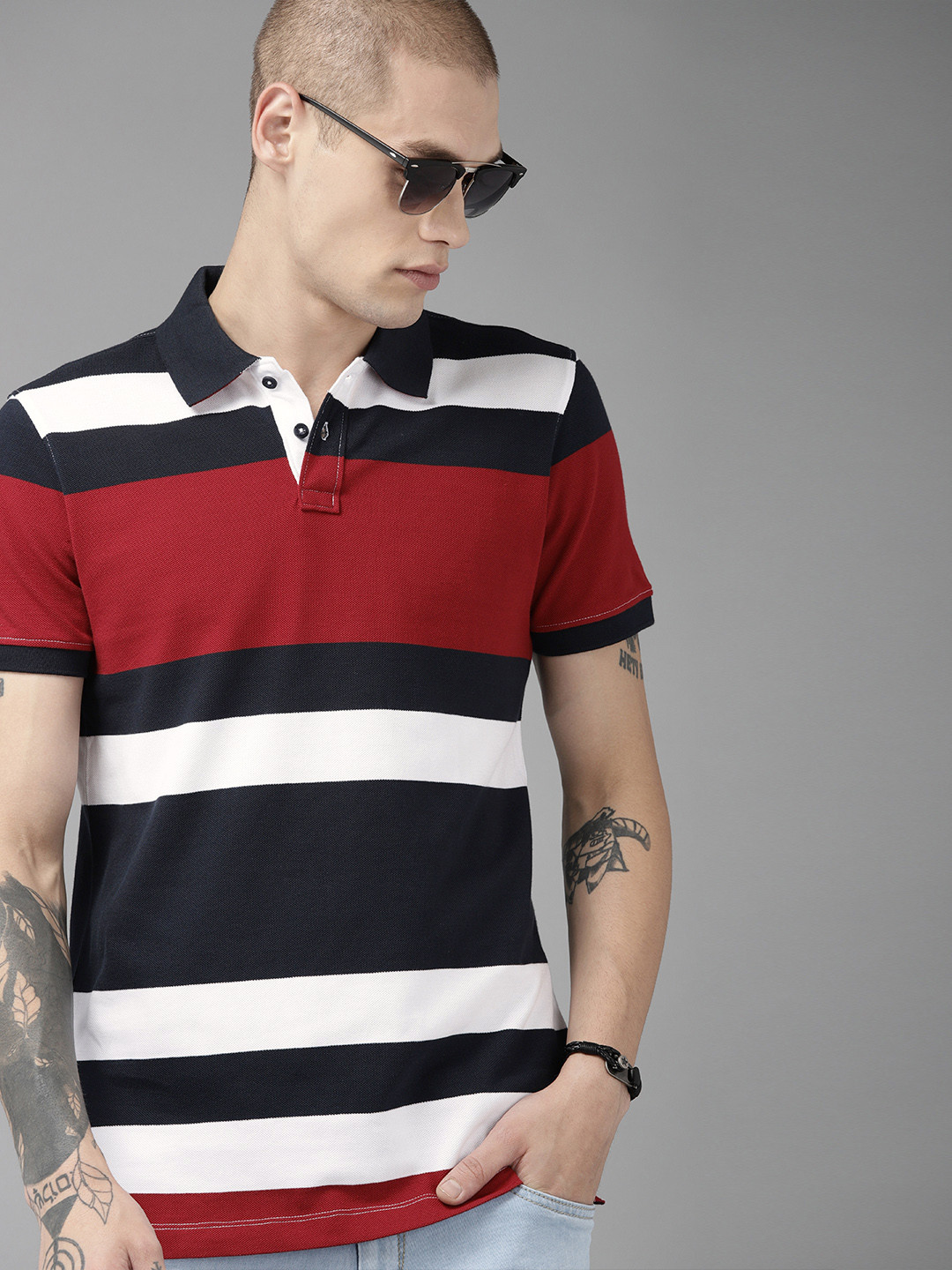 Buy The Roadster Lifestyle Co Men Navy Blue Red Striped Polo Collar