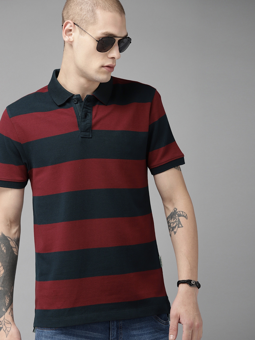 Buy The Roadster Lifestyle Co Men Maroon Navy Blue Striped Polo Collar ...