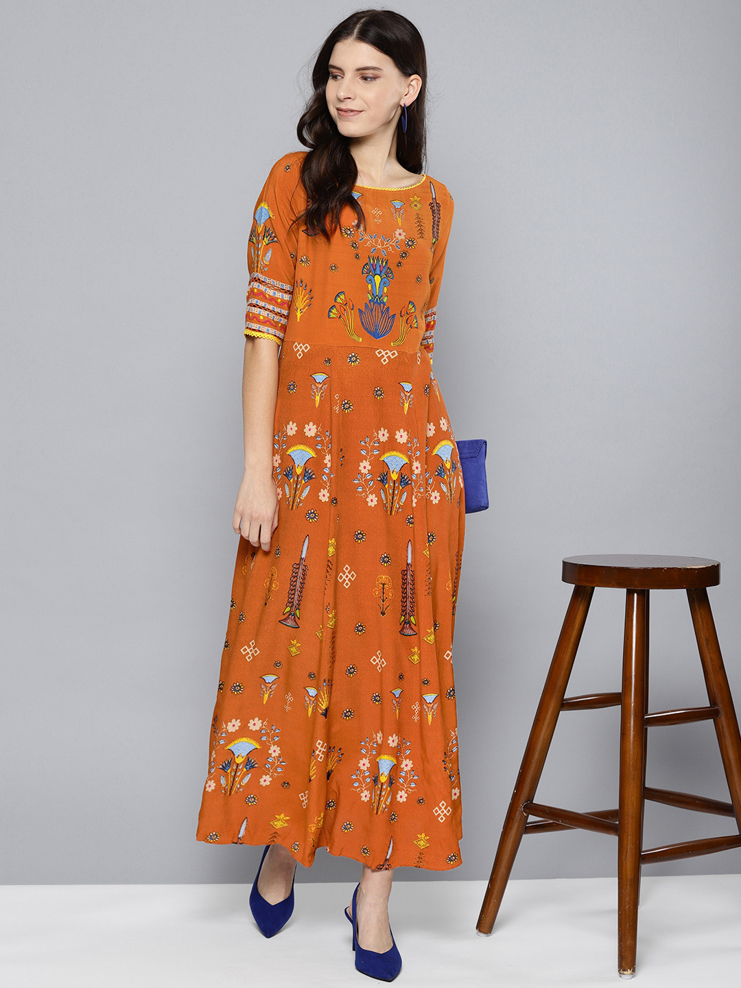 Buy Label Ritu Kumar Women Mustard Brown & Blue Floral Print Maxi Dress - Dresses for Women 