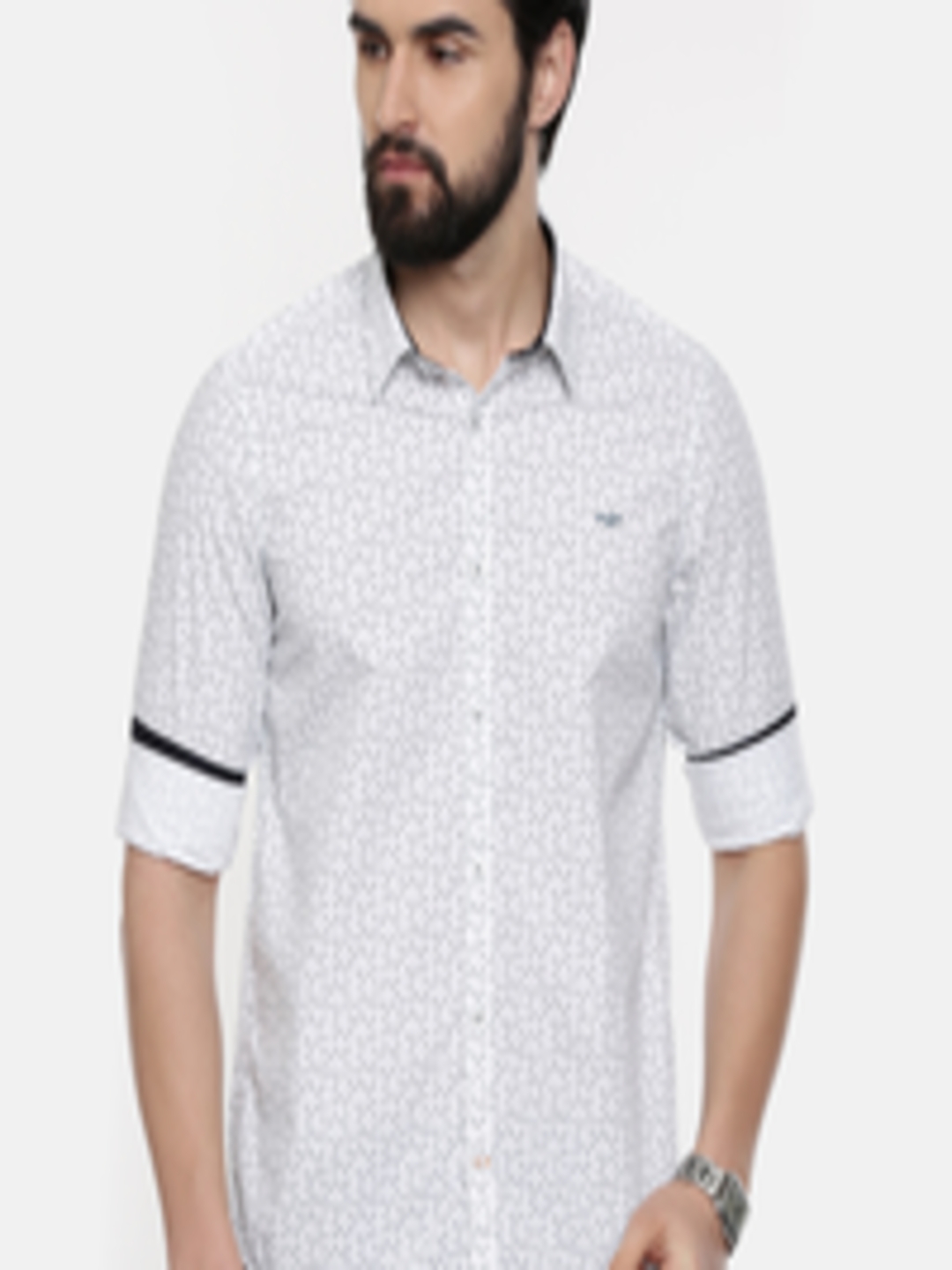 Buy ColorPlus Men White & Teal Blue Slim Fit Printed Casual Shirt ...