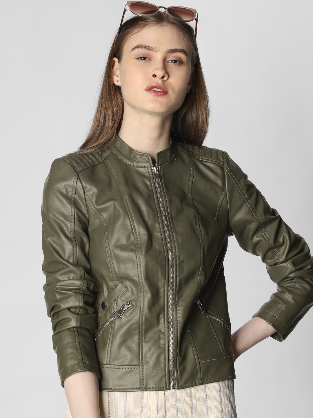 Buy Vero Moda Women Green Solid Biker Jacket - Jackets for Women ...