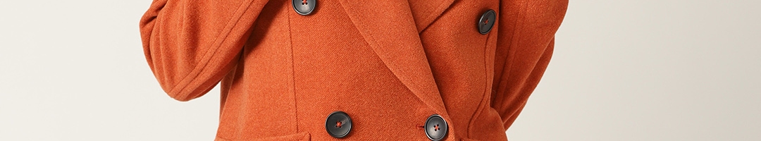Buy MANGO Women Orange Solid Double Breasted Longline Overcoat - Coats ...