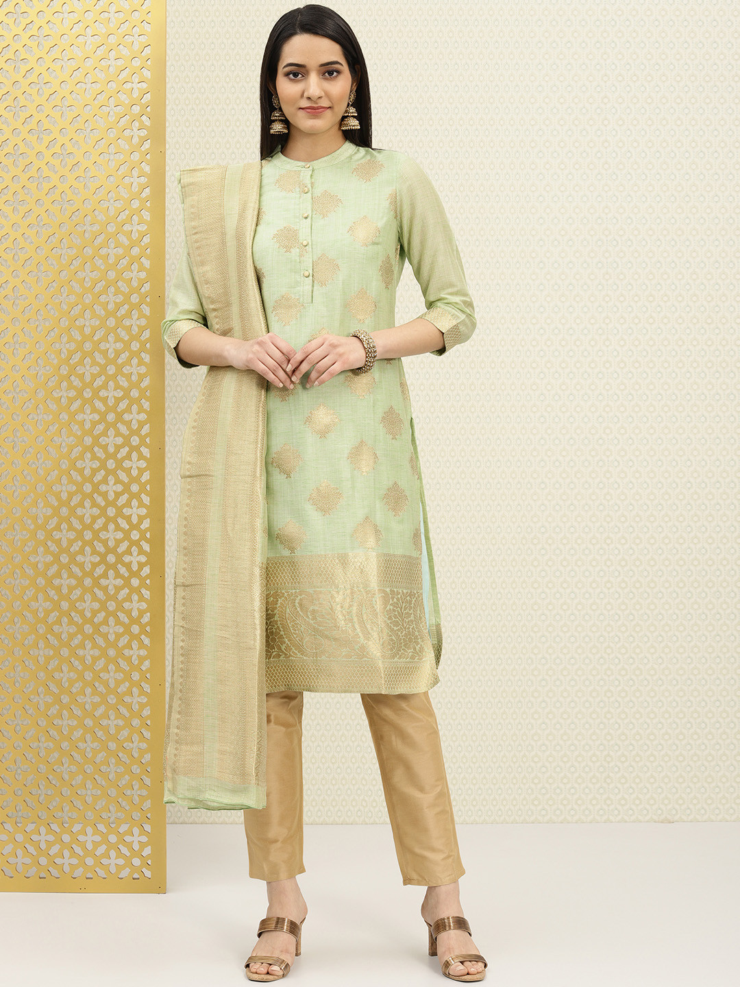 Buy House Of Pataudi Sea Green & Gold Toned Polyester Unstitched Dress