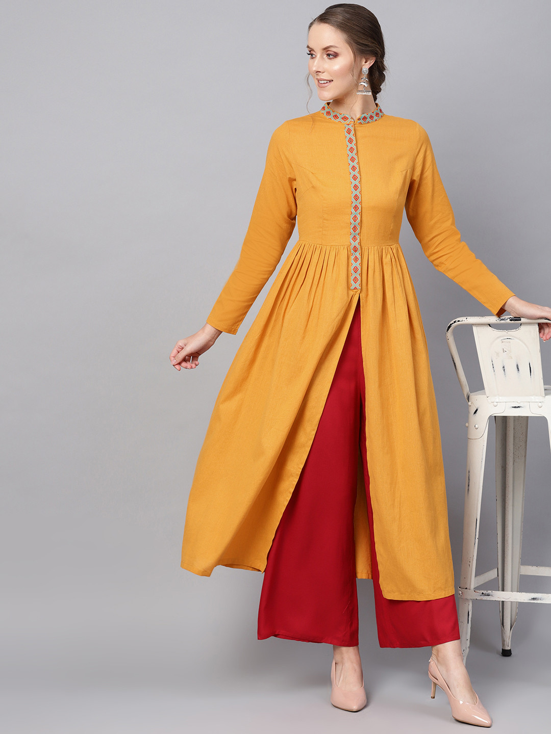 Buy SASSAFRAS Women Mustard Yellow Solid High Slit A Line Kurta Kurtas for Women 10317889 Myntra
