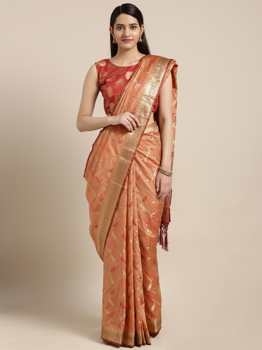 Buy Varkala Silk Sarees Peach Coloured & Gold Toned Silk Blend Woven ...