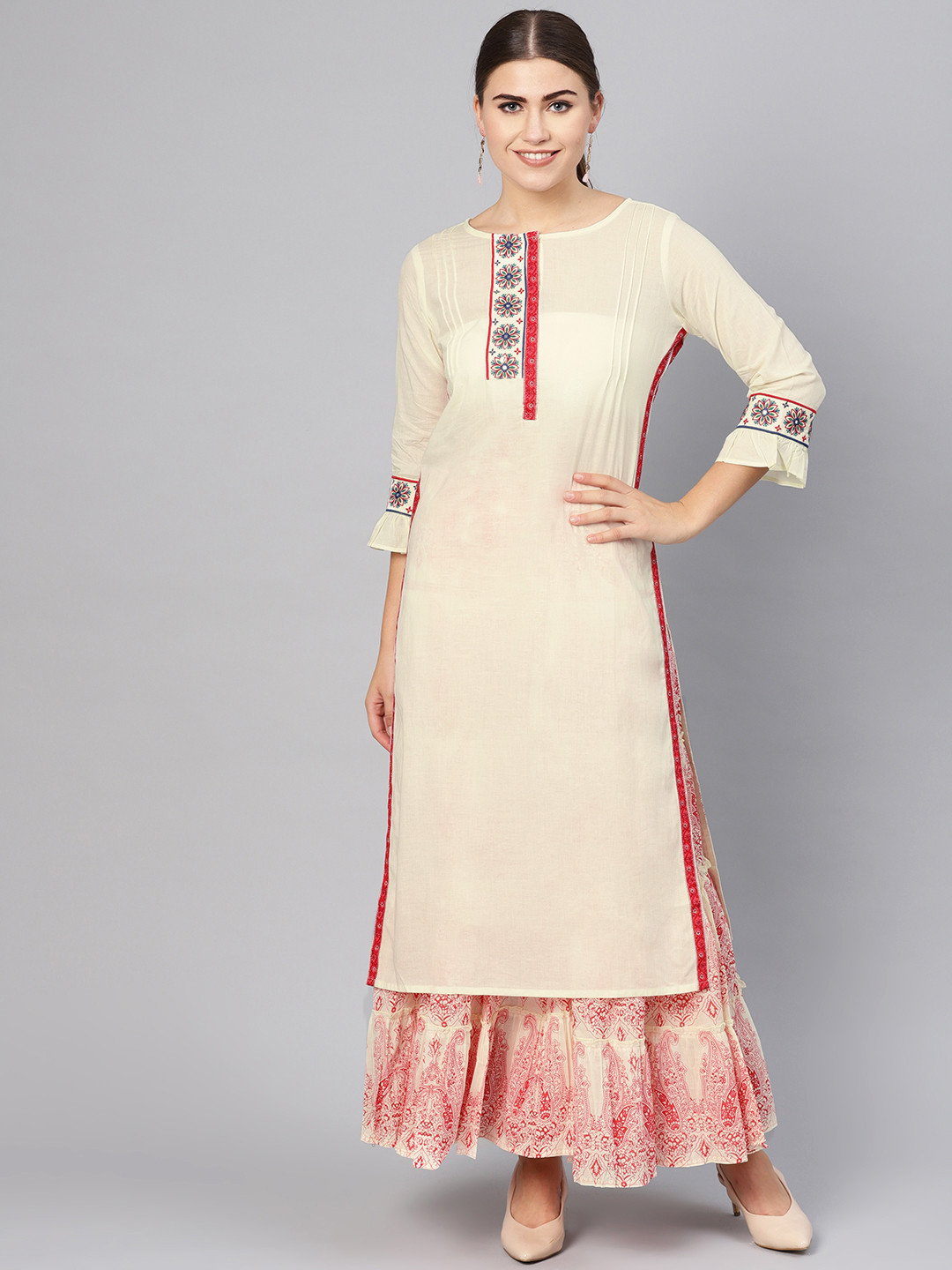 Buy Ishin Women Cream Coloured & Red Block Print Kurta With Sharara