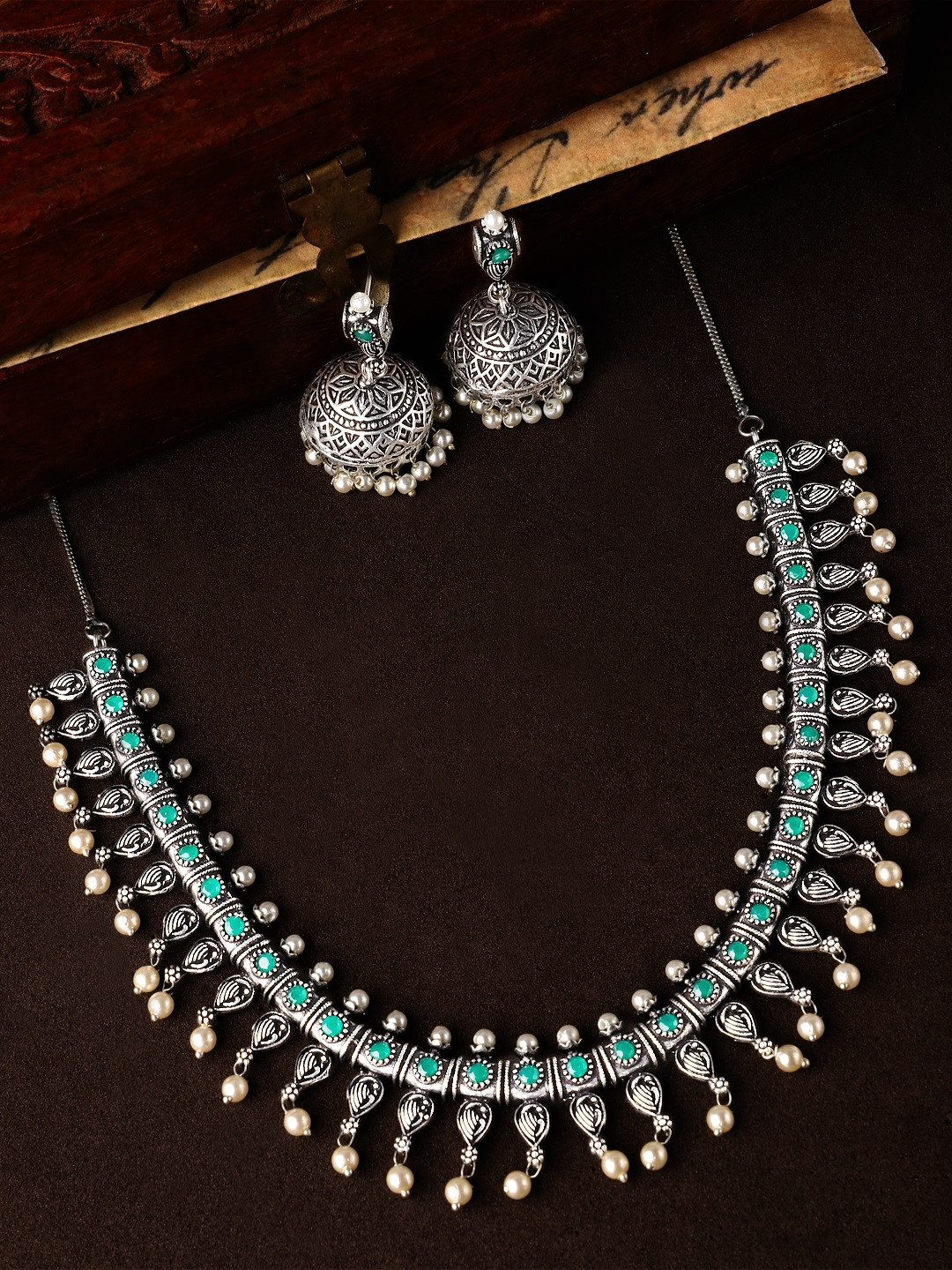 Buy Rubans Oxidised Silver & Green Stone Studded Oxidised