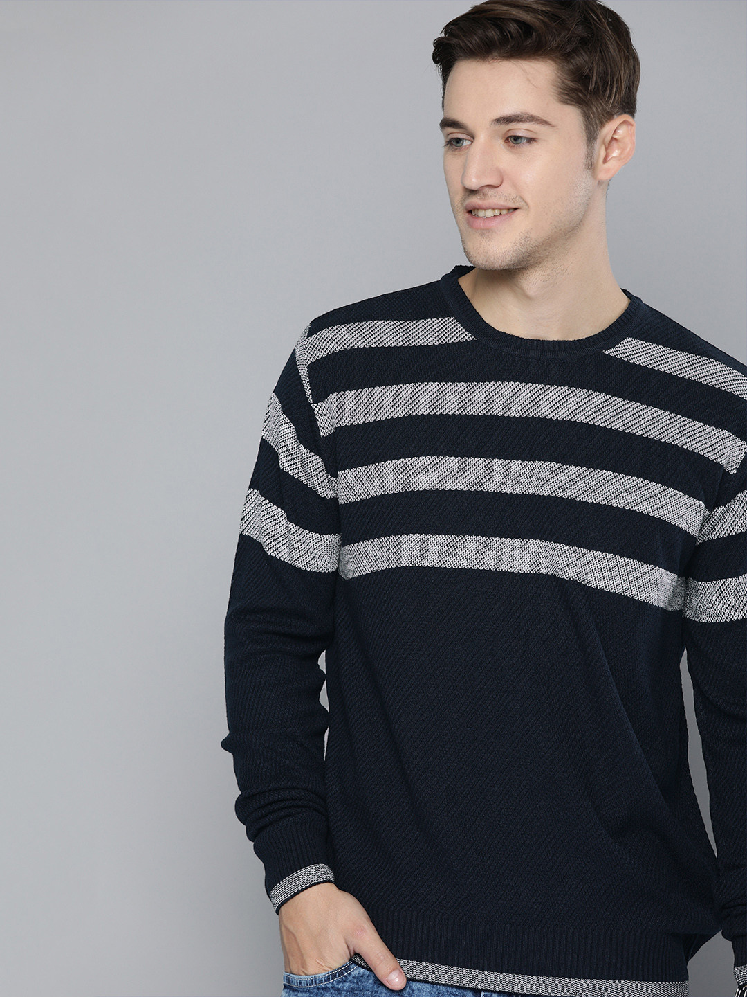 Buy Mast & Harbour Men Navy Blue & Grey Striped Sweater - Sweaters for Men 10322857 | Myntra