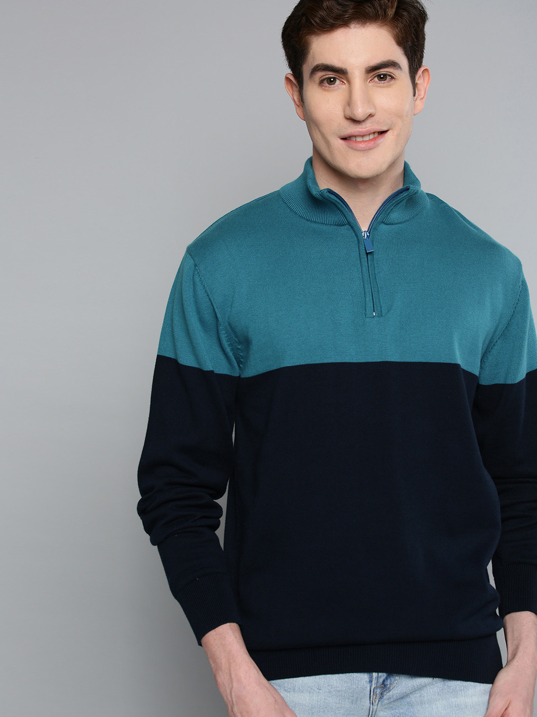 Buy Mast & Harbour Men Blue Colourblocked Sweater - Sweaters for Men 10323023 | Myntra