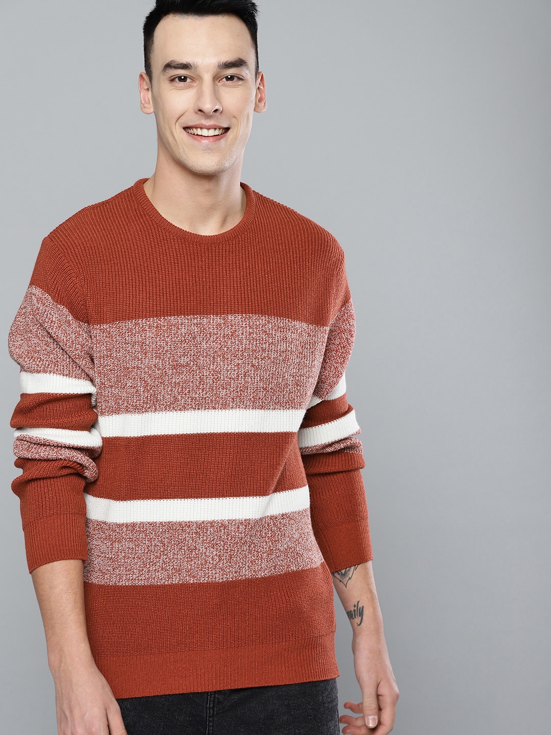 Buy Mast & Harbour Men Rust Red & Off White Striped Acrylic Sweater ...