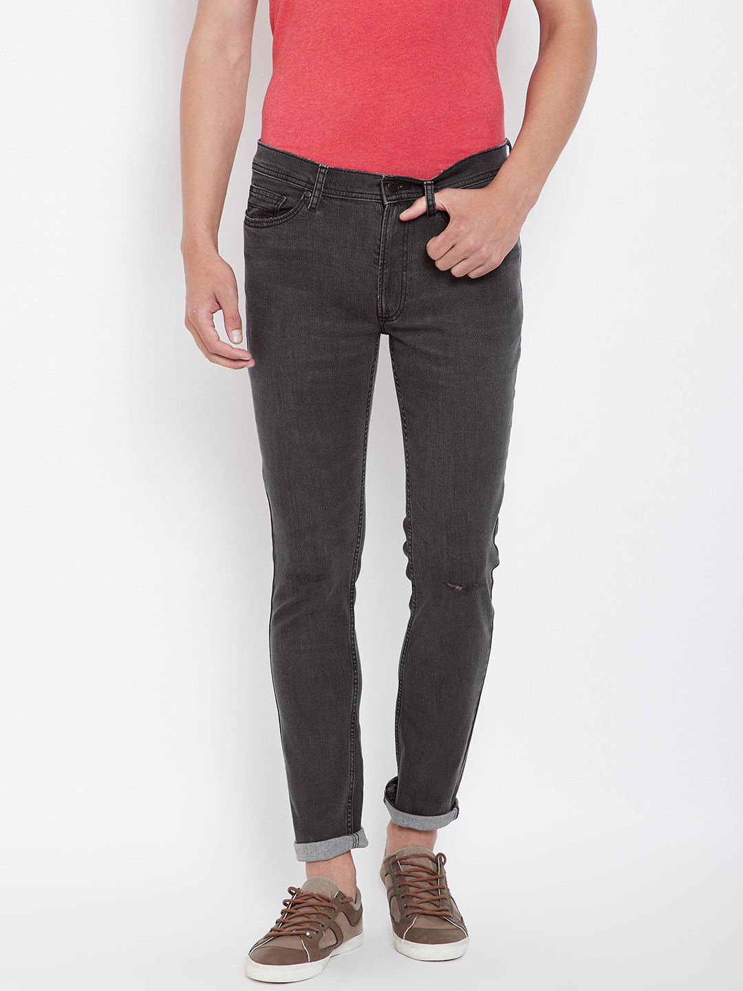 Buy Marks & Spencer Men Charcoal Grey Slim Fit Mid Rise Low Distress ...
