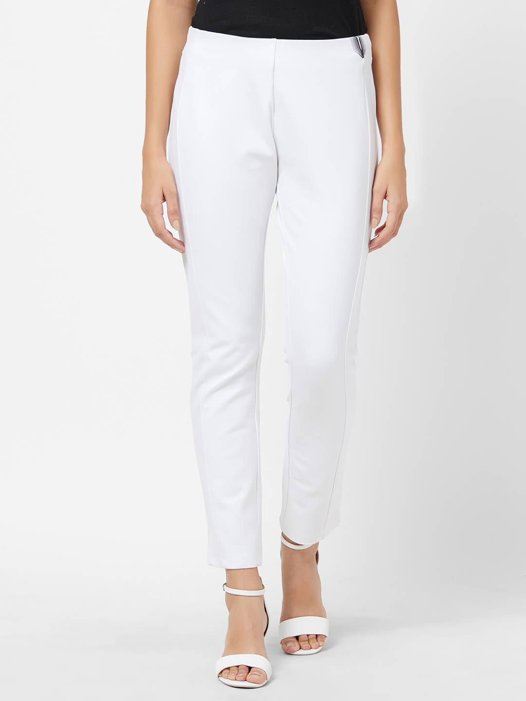 Buy Soie Women White Slim Fit Solid Regular Trousers - Trousers for ...
