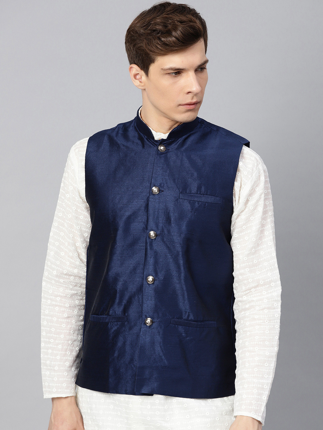 Men'S Blue Solid Nehru Jacket With Square Pocket main image 1