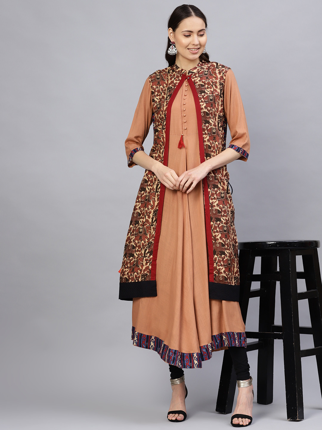 Buy Desi Rang Women Brown Solid A Line Kurta With Ethnic Jacket