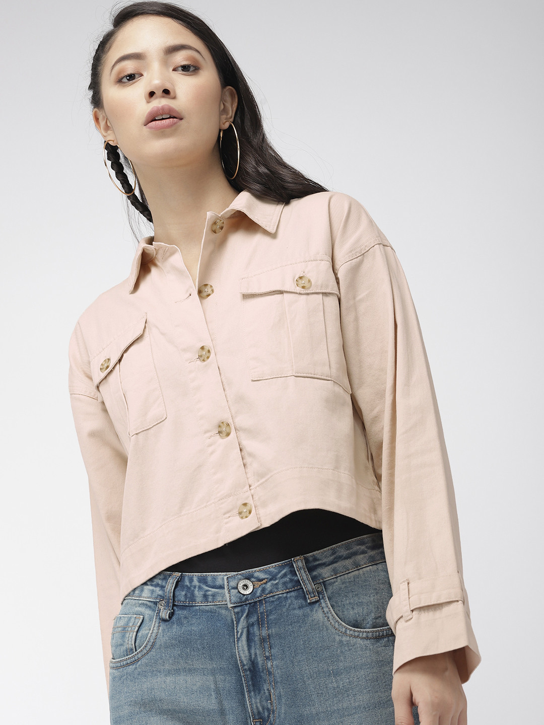 Buy FOREVER 21 Women Beige Solid Cropped Denim Jacket - Jackets for Women 10334231 | Myntra